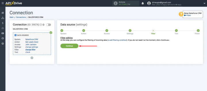 Salesforce and Todoist integration | Click "Continue" on the "Filter" stage