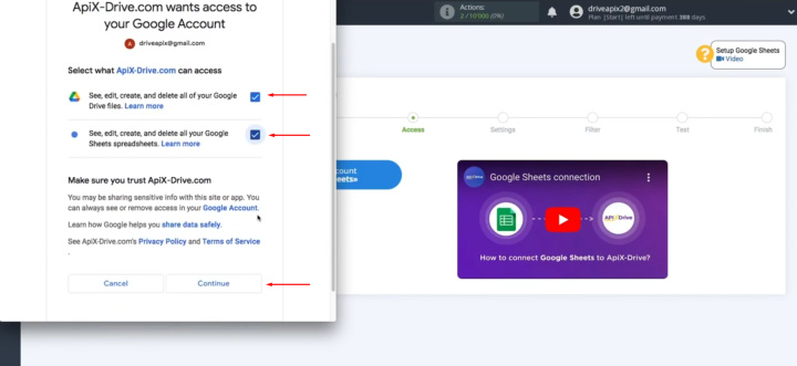 Google Sheets and Discord integration | Give ApiX-Drive permission to work