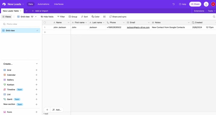 Result of the data transfer to Airtable