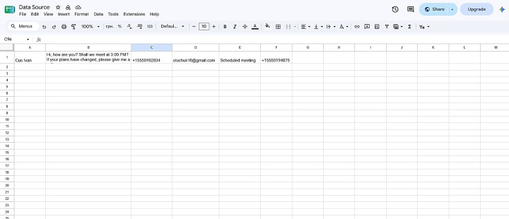 The new row with a phone number and other data of a potential client