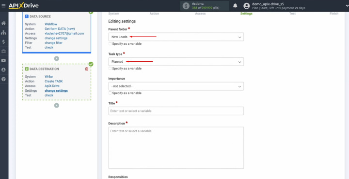 Webflow and Wrike integration | Select a parent folder and task type