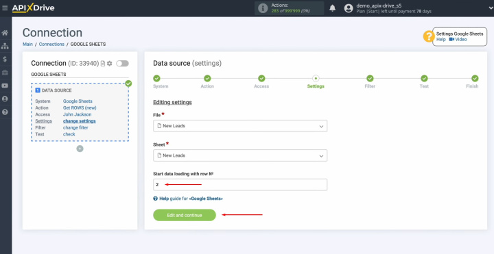 Google Sheets and PeopleForce integration | Select the row number from which you want to start uploading data