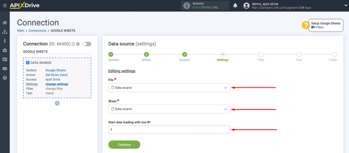 Google Sheets and ClickUp integration | Select file, sheet and start row