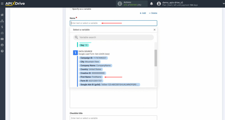 Google Lead Form and Trello integration | Select a variable from the drop-down list