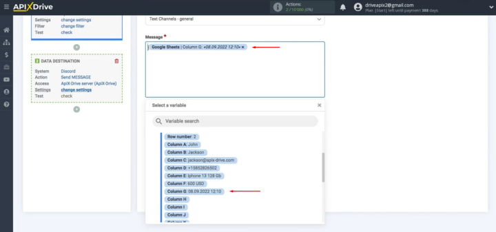 Google Sheets and Discord integration | Fill in the fields with variables