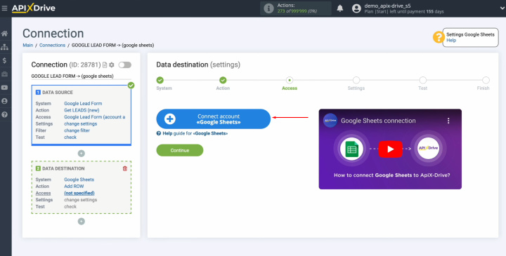 Google Lead Form and Google Sheets integration | Connect your account to the ApiX-Drive