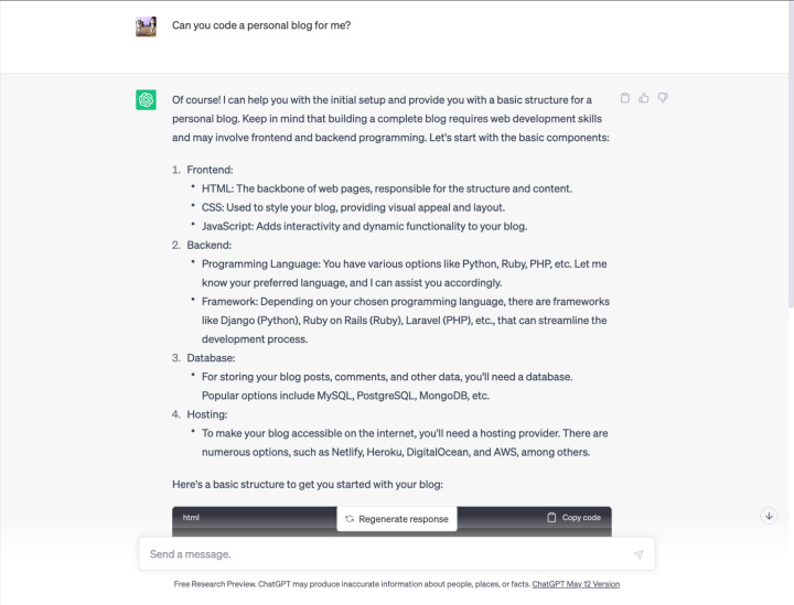 ChatGPT codes basic websites