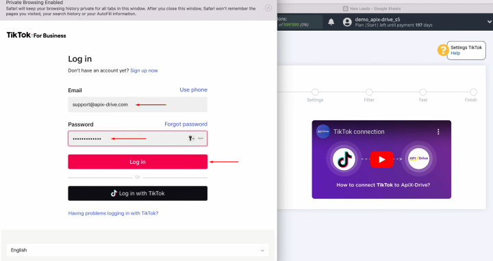 TikTok and Google Sheets integration | Specify the username and password