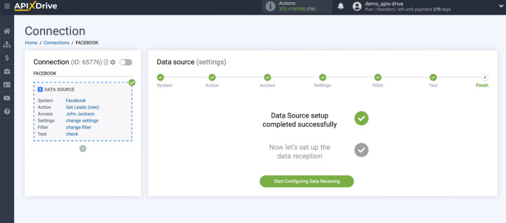 Facebook and Google Sheets integration | Data source setup completed successfully