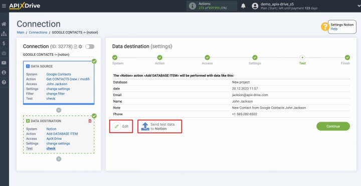 Send test data to Notion Send test data to Notion