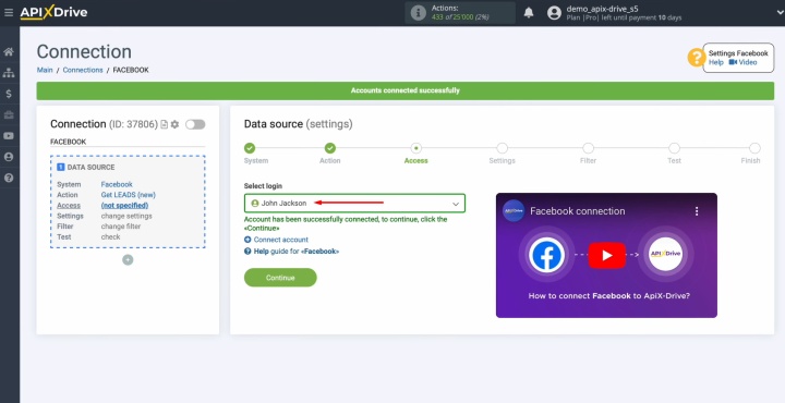 Select the connected login and click Continue Select the connected login and click Continue