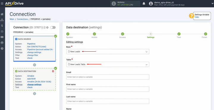 Pipedrive and Airtable integration | Select the base and the table