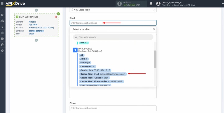 Assign variables from Facebook to fields for creating new rows Assign variables from Facebook to fields for creating new rows