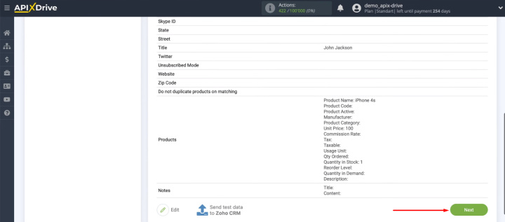 Google Sheets and Zoho CRM integration | Return to the ApiX-Drive and click "Next"