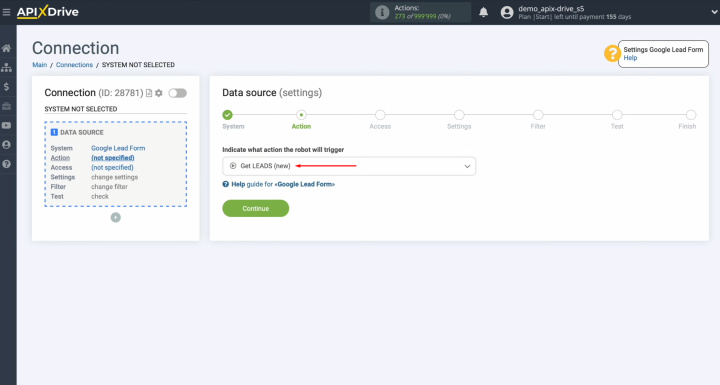 Google Lead Form and Google Sheets integration | Select an action