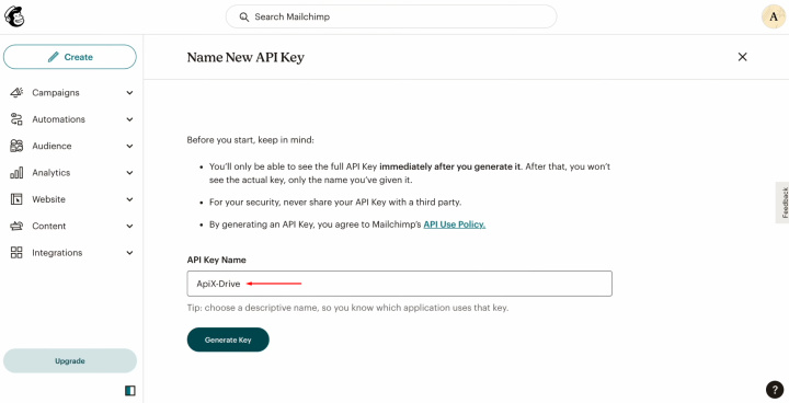 Airtable and MailChimp integration | Specify a name for the new key and click “Generate Key”