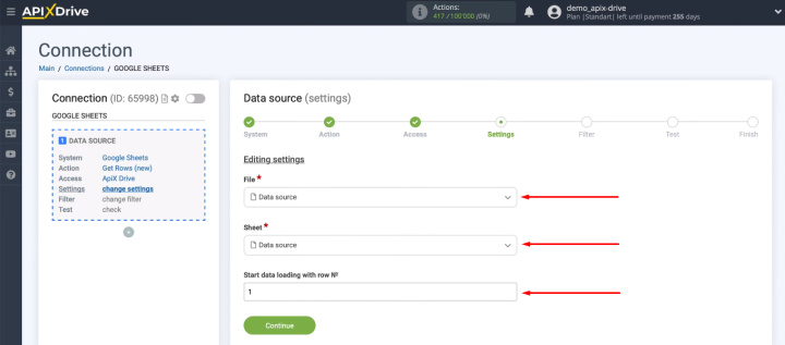 Google Sheets and ClickSend integration | Select file, sheet and starting row