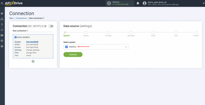 Webflow Salesforce integration | Select the data source system