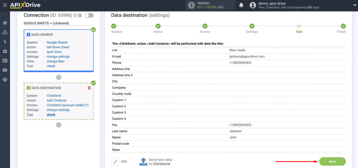 Google Sheets and ClickSend integration | Click "Next"