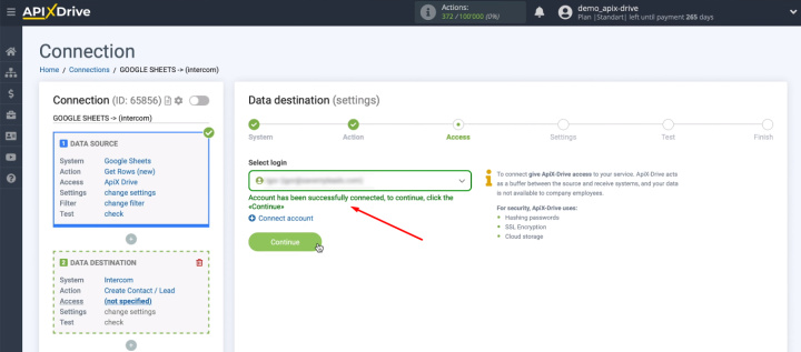 Google Sheets and Intercom integration | Select the Intercom account