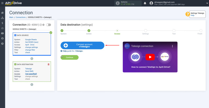 Google Sheets and Telesign integration | Connect your account to the ApiX-Drive