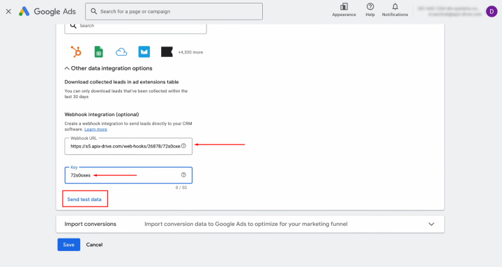 Google Lead Form and Google Sheets integration | Paste the copied URL and click “Send test data”