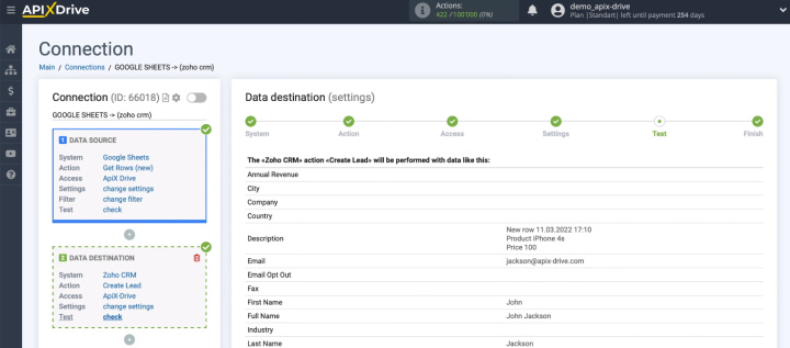 Google Sheets and Zoho CRM integration | The test data