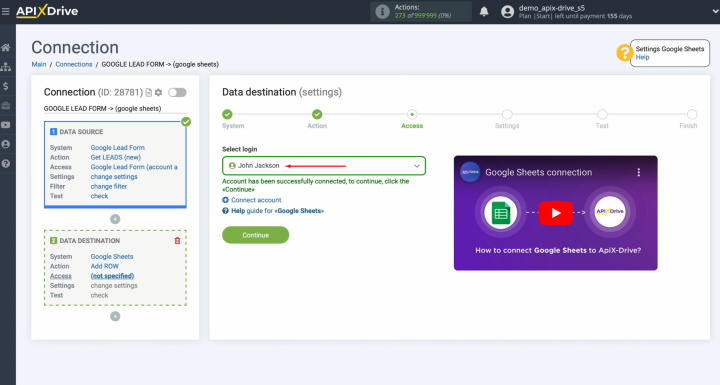 Google Lead Form and Google Sheets integration | Select the connected login