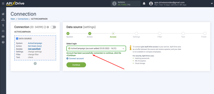 ActiveCampaign and Asana integration | Select the added account&nbsp;