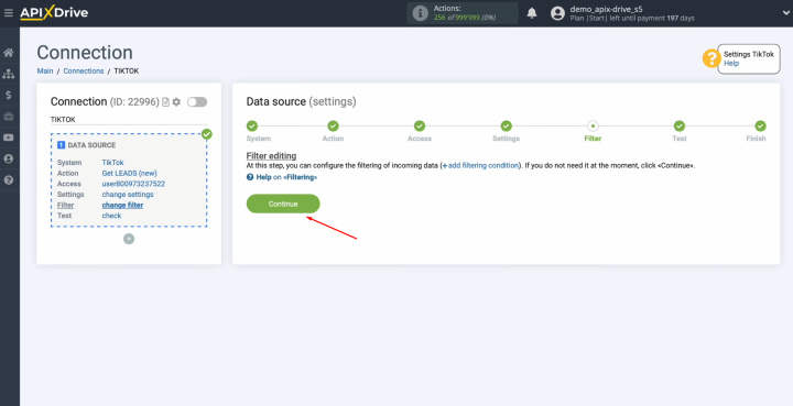 TikTok and Google Sheets integration | Click "Continue"