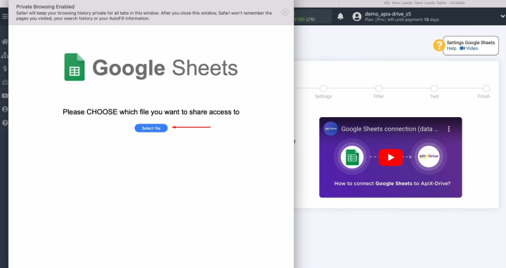 Google Sheets and Airtable integration | Click on the button “Select file”