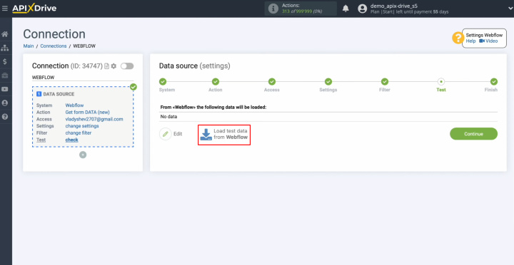 Webflow and Salesforce integration | Click “Load test data from Webflow”