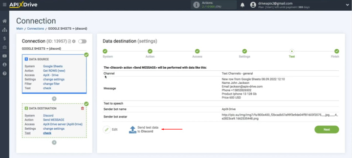 Google Sheets and Discord integration | Click "Send test data to Discord"