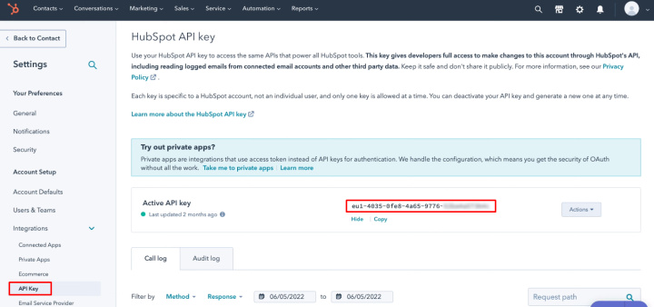 Hubspot and AWeber integration | Copy API key