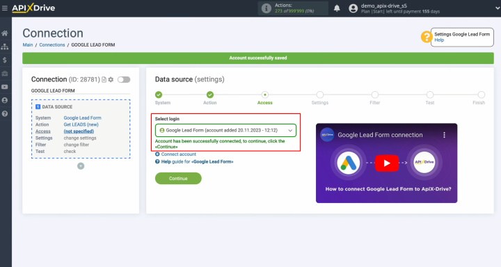 Google Lead Form and Google Sheets integration | Select the connected account