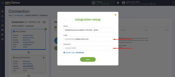 Google Sheets and ClickSend integration | Enter login and password