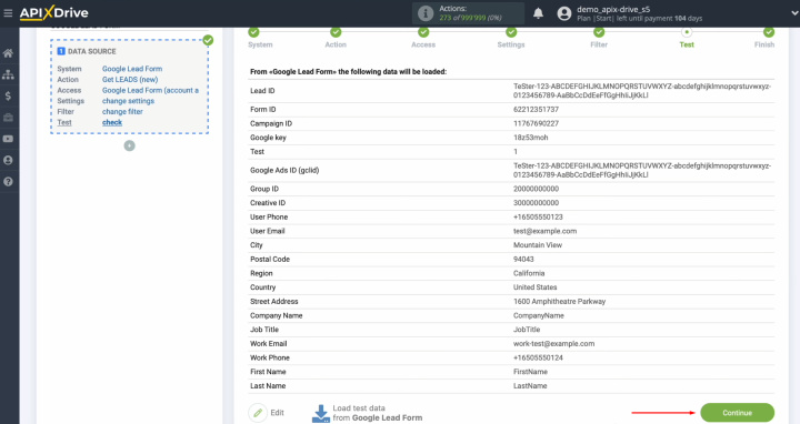 Google Lead Form and Trello integration | An example of the data that has just been generated