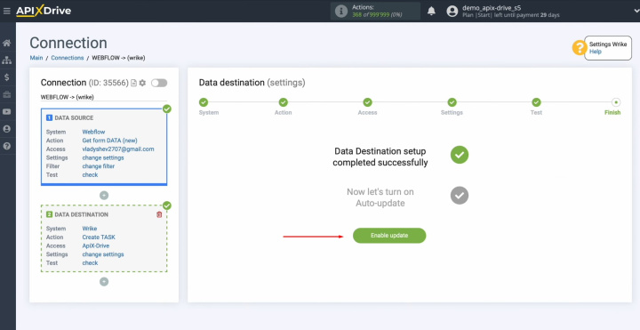 Webflow and Wrike integration | Click on the green button “Enable update”