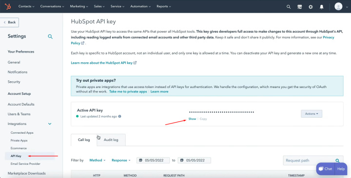 HubSpot and Notion integration | Click "Show" to see the API key