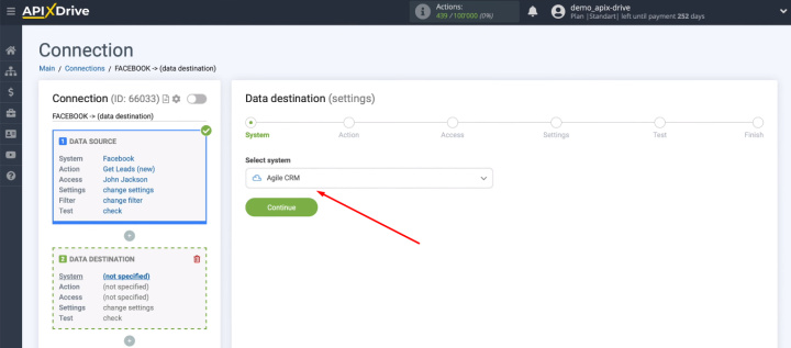 Facebook and Agile CRM integration | Select the data destination