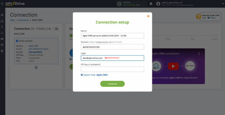 Agile CRM and Airtable integration | Specify the Agile CRM user login