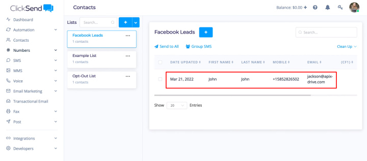 Facebook and ClickSend integration | The new contact