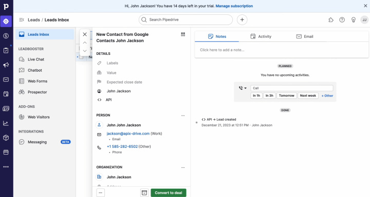 Pipedrive and Google Contacts integration | Result of connecting
