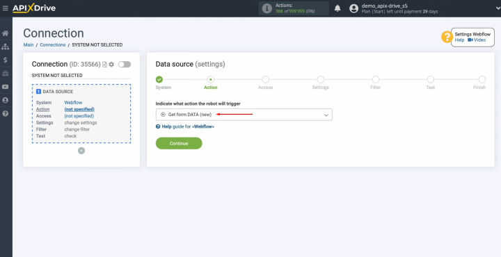 Webflow and Wrike integration | Choose the action "Get Form DATA (new)"