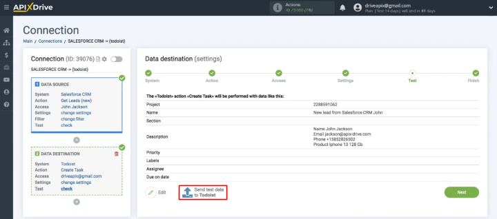 Salesforce and Todoist integration | Send test data to task manager