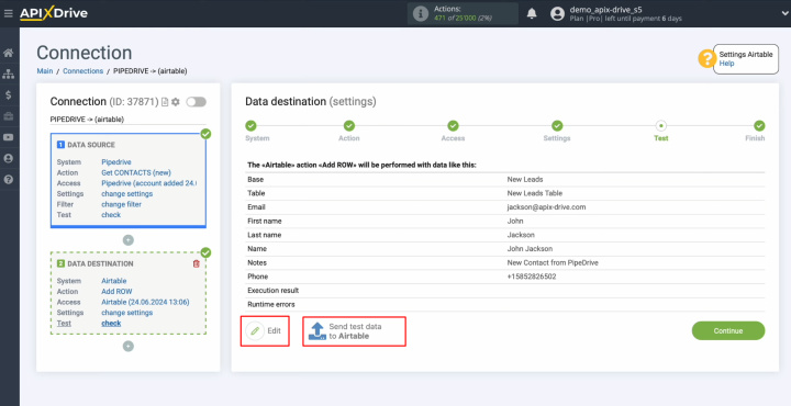 Pipedrive and Airtable integration | Click "Send Test Data to Airtable"