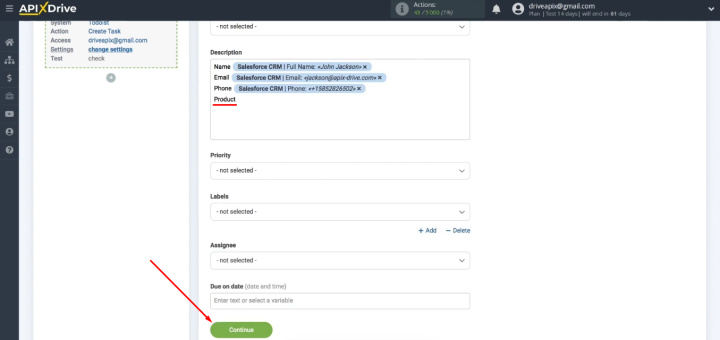 Salesforce and Todoist integration |&nbsp;When Todoist fields are set up, click "Continue"