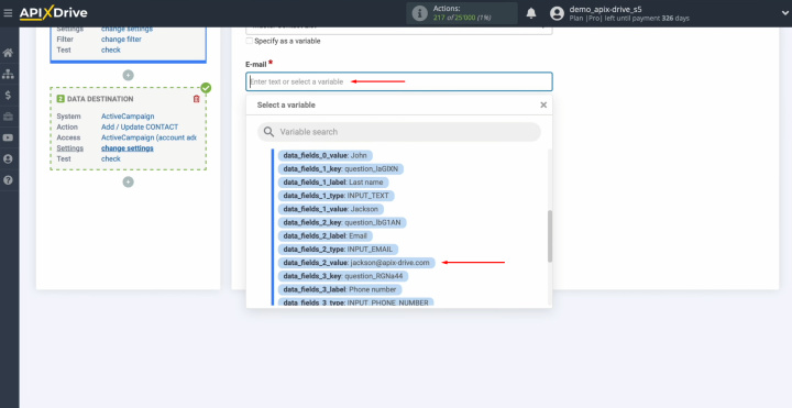 Tally and ActiveCampaign integration | Click in the field and select a variable from the drop-down list