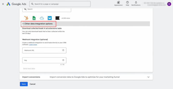 Google Lead Form and Google Sheets integration | Find “Other data integration options”