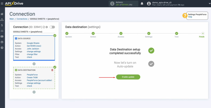 Google Sheets and PeopleForce integration | Click on the green button “Enable update”